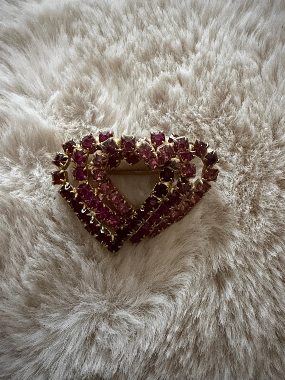 Gold Heart Brooch with Pink Gemstones